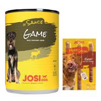 12x415g JosiDog vad szószban nedves kutyatáp+2x33g JosiDog Meat Sticks marha kutyasnack ingyen