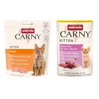 350g animonda Carny Kitten csirke száraz macskatáp+12x85 g animonda Carny Kitten tasakos Baby-Paté marhahúsleveslével nedves macskatáp 20% árengedménnyel