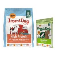 900g Green Petfood InsectDog High Protein rovarok & lazac száraz kutyatáp+180g VeggieDog Denties kutyasnack ingyen